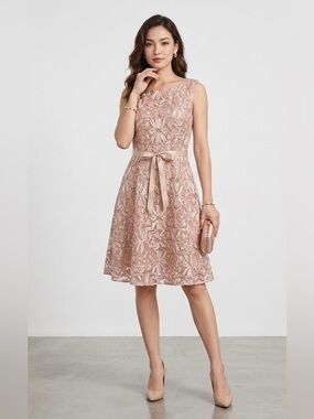 Alex Evenings Pink Blush Nude Ribbon Rosette Fit & Flare Cocktail Dress, Size 14